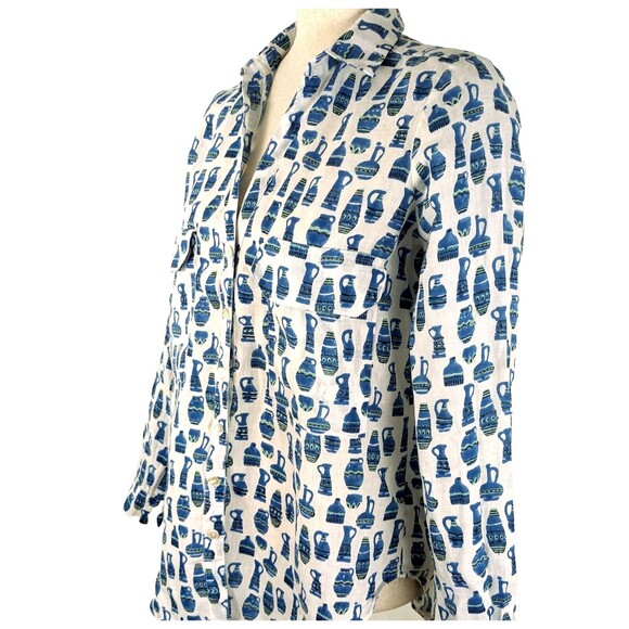 Roller Rabbit 100% Linen Women's XS Blue Urns Button Front Shirt - Picture 3 of 8